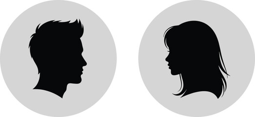 Silhouette profiles of man and woman facing each other, minimalist black figures on light background, gender contrast, relationship concept illustration design © Creative Asif