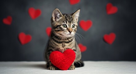 Adorable tabby kitten with a red heart in its paws, surrounded by heartshaped decorations, creating a sweet and loving valentines day image