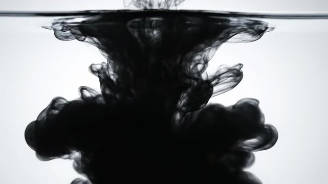 Macro slow motion shot of a single drop of pure black ink expanding and dissolving into crystal clear water creating an organic, smoky, undefined texture conceptual, moody, watercolor effect