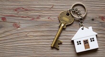 House key with house shaped keychain on wooden background, symbolizing home ownership, real estate, and the joy of finding the perfect property