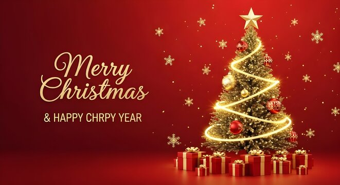 Festive christmas scene with decorated tree gifts and merry christmas happy chrpy year text