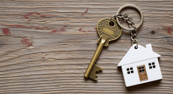 House key with house shaped keychain on wooden background, symbolizing home ownership, real estate, and the joy of finding the perfect property - Powered by Adobe