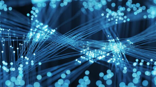 Macro slow motion shot of glowing digital blue fibers organically growing and weaving together, creating a complex, intricate network structure data, scientific, growing