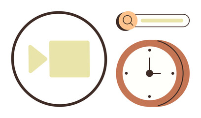 Video camera icon, search bar, and analog clock. Ideal for productivity, streaming, scheduling, multimedia, online tools time tracking and remote work. Represents a simple flat metaphor