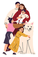 Happy family portrait illustration featuring parents, two children (including a baby), and a large Samoyed dog, embracing together.