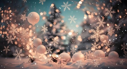 Winter scene with snow covered ground ornaments and snowflakes against a blurred background of lights