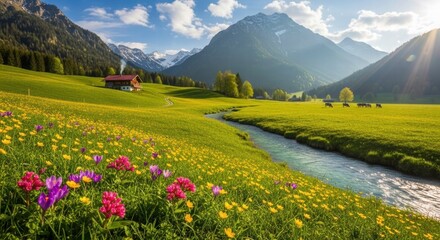 Fototapeta premium Mountain Meadow: a breathtaking panorama unfolds as a meandering stream carves its path through a vibrant meadow, embraced by majestic mountains and a brilliant sky.