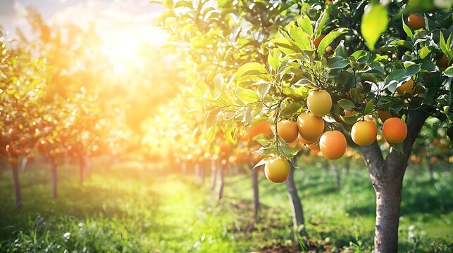 Golden sun shines through ripe oranges and lush green leaves in a vibrant citrus orchard, evoking freshness and harvest - Powered by Adobe