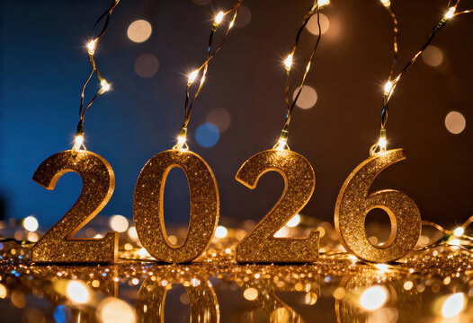Sparkling gold 2026 numbers with glowing string lights creating a christmassy mood and beautiful bokeh effect