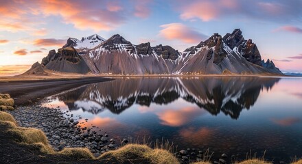 Majestic Mountain Reflection: A breathtaking panorama unfolds as jagged mountains, capped with snow, rise majestically beside tranquil lake, their peaks reflected perfectly in the calm water at dawn.