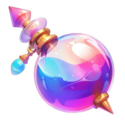 Elegant fantasy potion bottle with a gold stopper and shimmering pink-blue liquid, designed for magic or alchemy illustrations.