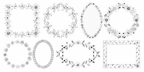 Collection of hand drawn floral frames and borders in various shapes and styles