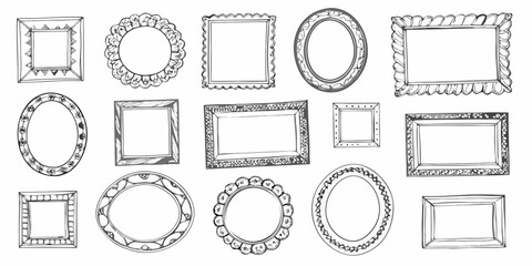 Collection of hand drawn decorative picture frames in various shapes and styles