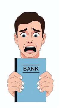 Shocked Man Holds Bank Book Worried Expression White Background