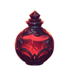 A round magic potion bottle with an ornate dark design, filled with glowing red liquid; ideal for fantasy game or alchemy concept.