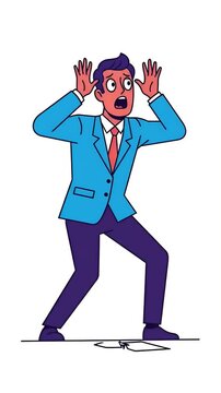 Shocked Man In Blue Suit Reacts To Crisis On White Background