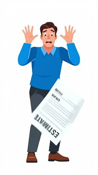 Shocked Man With Estimate Paper Falling Blue Sweater Grey Pants