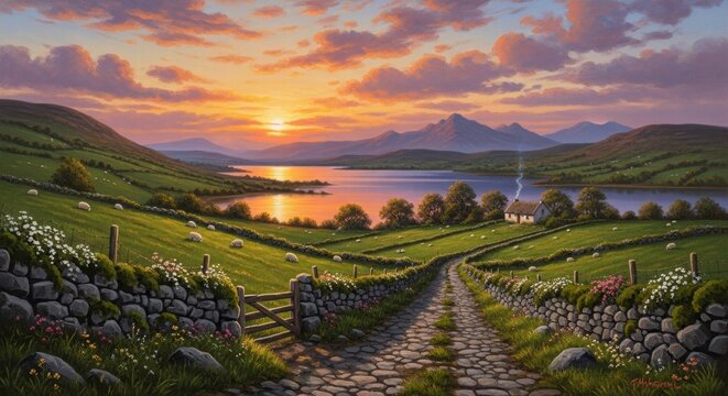 Sunrise Trail to Tranquility: A sun-kissed path guides viewers through rolling green fields toward a serene lake reflecting the vibrant sunrise sky, inviting exploration and inner peace.