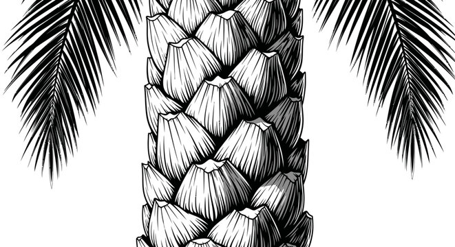Detailed Engraving of a Palm Tree Trunk and Fronds.