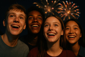 Excited diverse teenagers watching colorful fireworks in the night sky, joyful faces illuminated by festive celebration