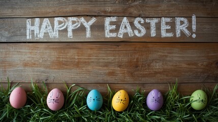 Happy easter message written on wood with colorful eggs on grass