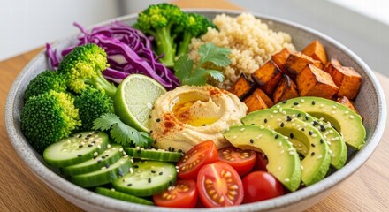 Balanced Delight: A vibrant and nutritious plant-based bowl filled with a colorful medley of fresh ingredients, representing health and culinary artistry.