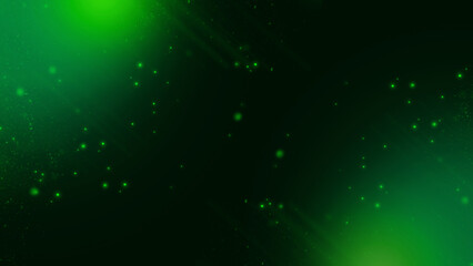 Dark Green Space Background with Glowing Particle Dots, Light Beams, and Lens Flare Effect Representing Abstract Technology and Galaxy