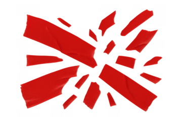 Red duct tape pieces scattered and ripping apart, creating an abstract explosion effect, isolated on a transparent background