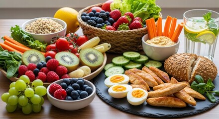 Vibrant Healthy Meal: A colorful array of fresh fruits, vegetables, and wholesome ingredients compose a delightful and health-conscious meal.