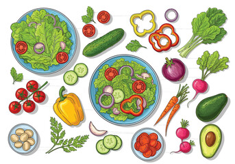 Fresh garden salad ingredients for vibrant, healthy cooking illustrations