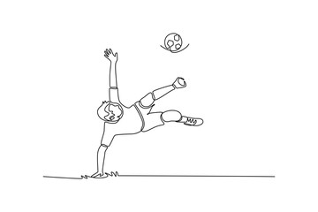 Single one line drawing young man soccer freestyle athlete executing a bicycle kick or overhead trick with a ball. Dynamic skill and acrobatics. Continuous line draw design graphic vector illustration