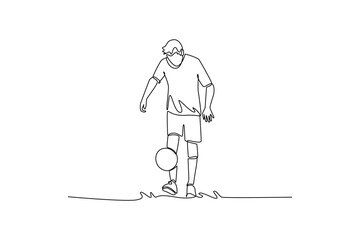 Single one line drawing skilled active male soccer freestyle athlete bouncing ball off his foot with focused control. Dynamic balance of sport. Continuous line draw design graphic vector illustration