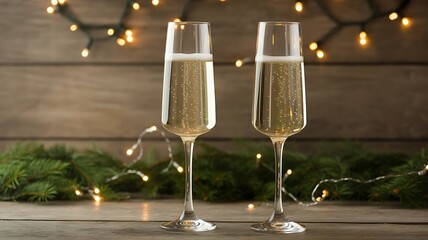 Two champagne flutes filled with bubbly drink for celebration