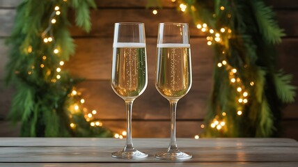 Two champagne flutes filled with bubbly drink for celebration