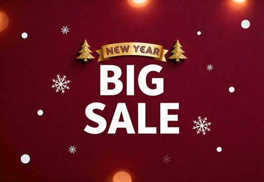 Christmassy holiday big sale new year banner on red background, beautiful seasonal decor layout with golden trees