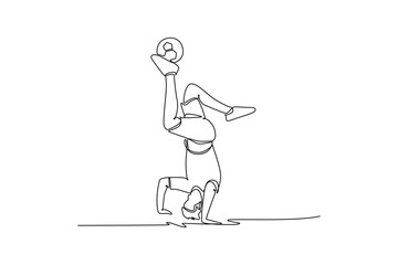 Continuous one line drawing man soccer freestyle athlete performing inverted headstand, balancing ball on his foot. Dynamic acrobatics and strength. Single line draw design vector graphic illustration