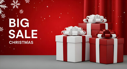 Stack of realistic red and white Christmas gift boxes with bows set against dramatic curtain backdrop and falling snowflakes promoting festive holiday season discounts for Merry Christmas Happy New
