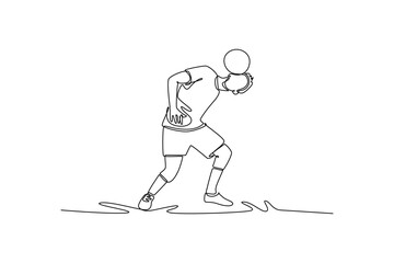 Continuous one line drawing young man soccer freestyle athlete bending low, expertly balancing ball on his chest, shoulder. Fluid movement control. Single line draw design vector graphic illustration