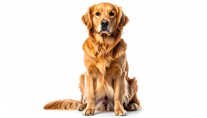 Fototapeta premium A golden retriever dog sitting and looking at the camera on a white background.