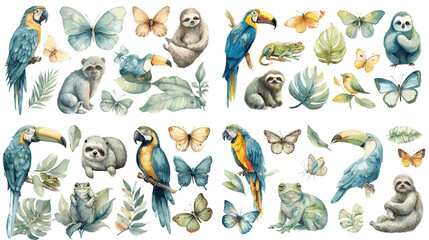 Naklejka premium A watercolor collection of tropical animals, butterflies, parrots, sloths, frogs, and jungle leaves, perfect for nature themes, children's designs, botanical art, and wildlife illustration projects.