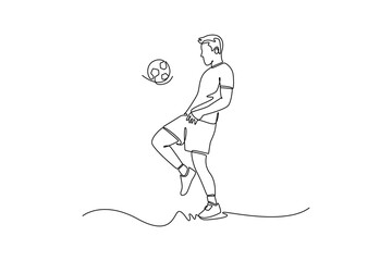 Continuous one line drawing man soccer freestyle athlete expertly juggling ball off his thigh with focused balance. Fluid skill and dynamic control. Single line draw design vector graphic illustration