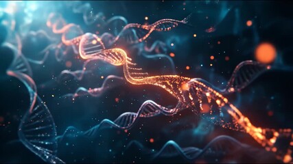 Dynamic glowing DNA strands in a futuristic scientific environment, representing genetic research and biotechnology. - Powered by Adobe