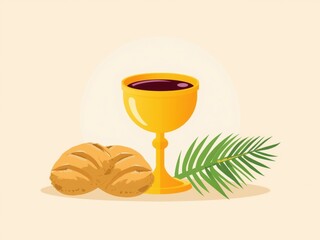 Christian communion symbols chalice bread and palm leaf