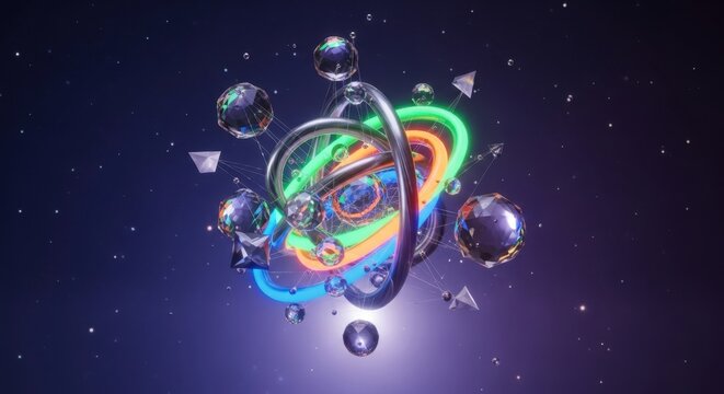 Futuristic Abstract Digital Art Featuring Neon-Lit Spheres and Vibrant Cosmic Elements in Deep - Powered by Adobe