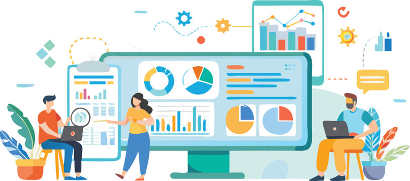 Modern office professionals collaborating and analyzing data on a digital dashboard with charts and graphs