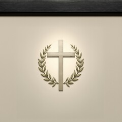 Christian cross surrounded by laurel wreath on a light background