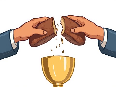 Hands break bread over a golden chalice in a symbolic gesture