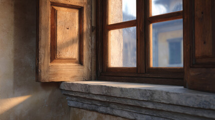 Detailed Close-up of Old Architectural Window Frame with Natural Light Enhancing Rustic Features and Warmth