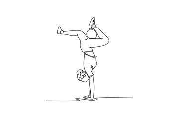 Single continuous line drawing young woman soccer freestyle athlete performing inverted handstand with controlled split of the legs. Dynamic acrobatic. One line draw graphic design vector illustration