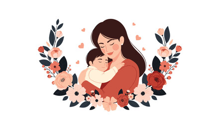 Loving mother tenderly embracing her child within a beautiful floral wreath celebrating the bond of motherhood on Mother's Day.